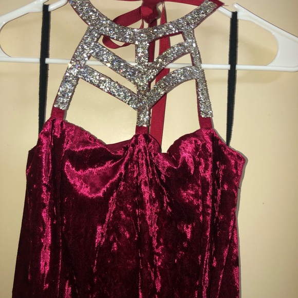 Crushed red velvet, studded halter top mini dress - Picture 3 of 5